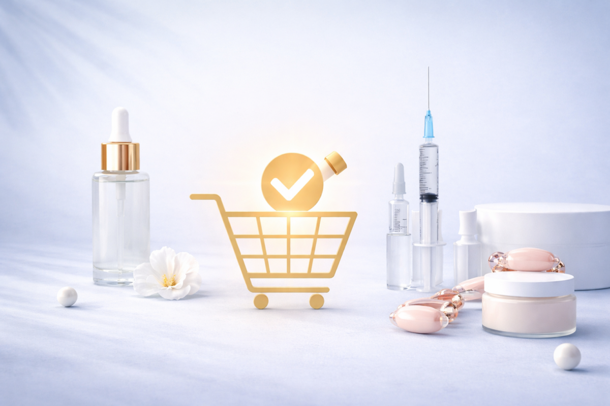 Ästhetische Pflegeprodukte im goldenen Einkaufswagen